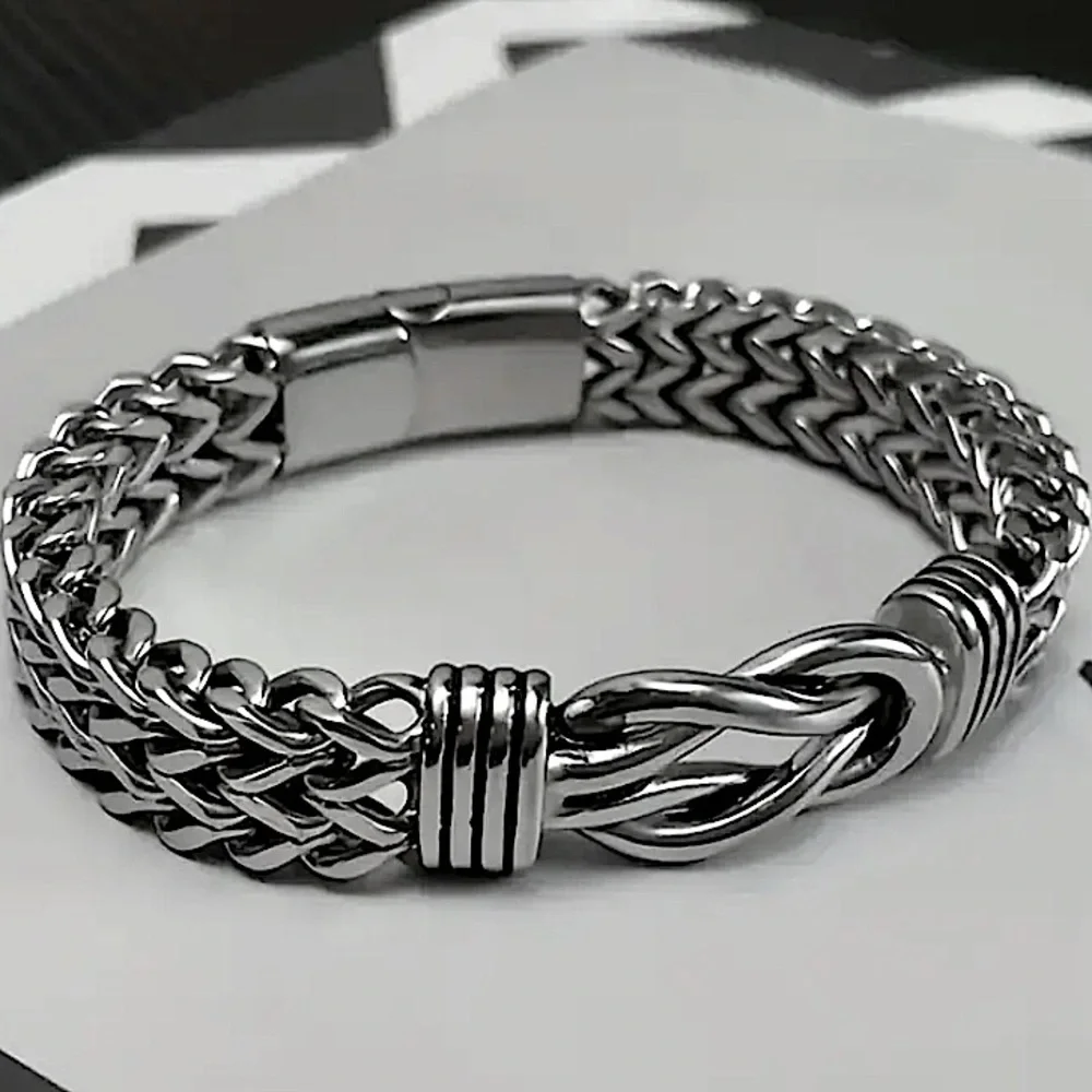 Stainless Steel Cuban Chain Bracelet Magnetic Closure Hip Hop Knot